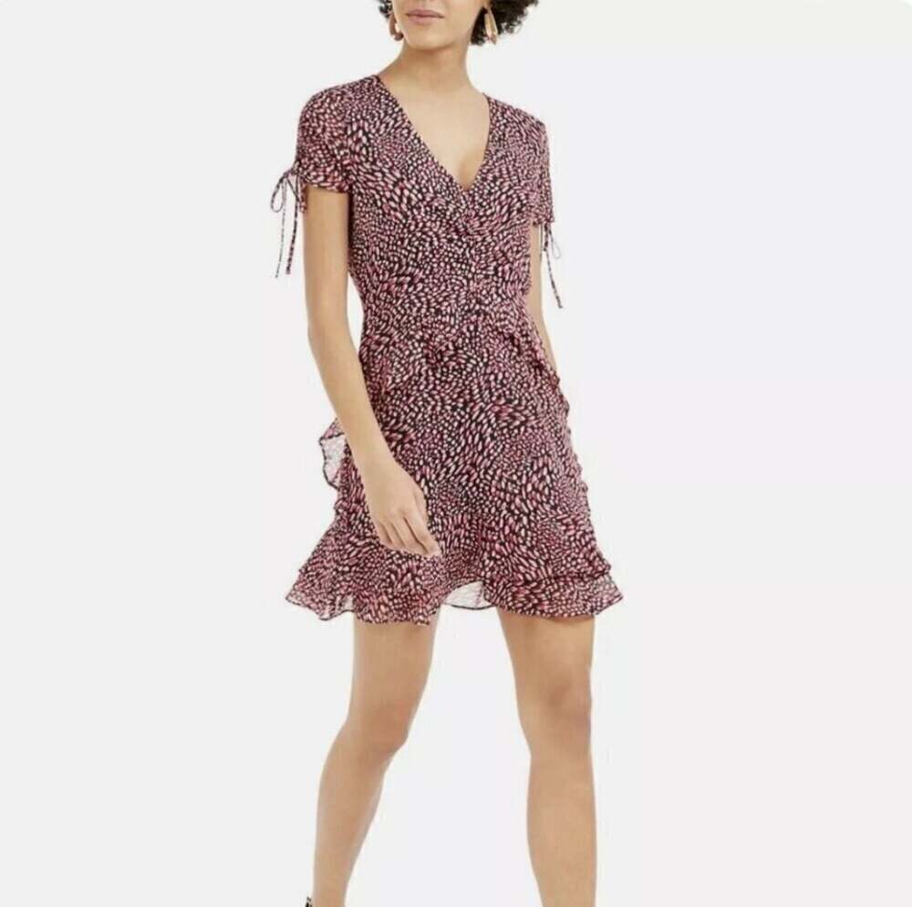 Bar III Pink and Black Dotted Ruffled Mini Dress